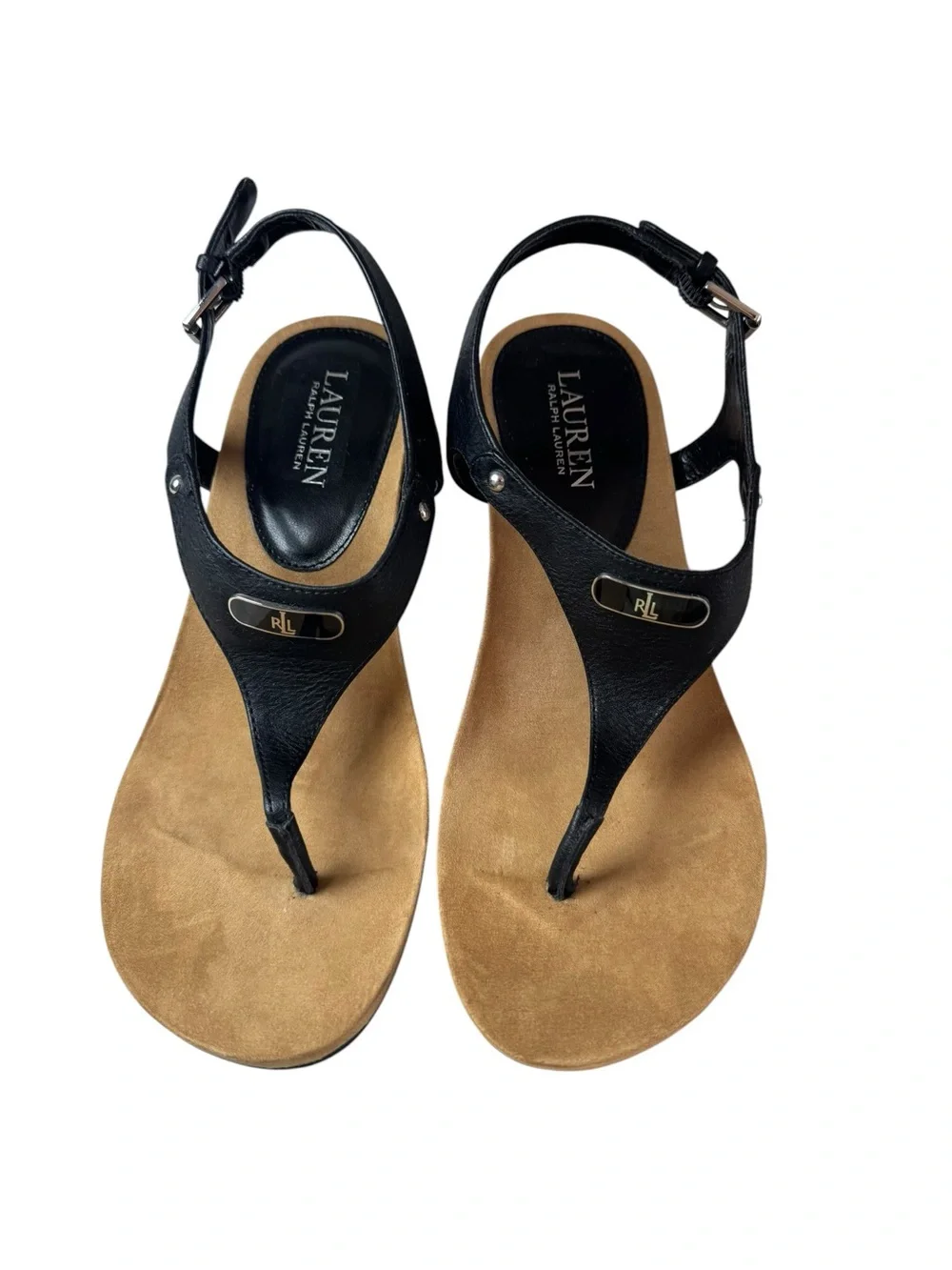 NWOT Lauren Ralph Lauren Black T-Strap Wedge Sandals with Tan Footbed Size 8